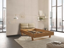 TJARK Modernes Massivholzbett 140x200 - Komfortables & hochwertiges Balkenbett mit gepolstertem Kopfteil - 146 x 89 x 219 cm (B/H/T)