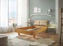 TJARK Modernes Massivholzbett 140x200, Fichte - Komfortables & hochwertiges Balkenbett mit gepolstertem Kopfteil - 146 x 89 x 219 cm (B/H/T)