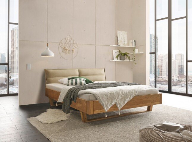 TJARK Modernes Massivholzbett 180x200 - Komfortables & hochwertiges Balkenbett mit gepolstertem Kopfteil - 186 x 89 x 219 cm (B/H/T)