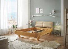 TJARK Modernes Massivholzbett 180x200, Fichte - Komfortables & hochwertiges Balkenbett mit gepolstertem Kopfteil - 186 x 89 x 219 cm (B/H/T)