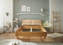 TJARK Modernes Massivholzbett 180x200, Fichte - Komfortables & hochwertiges Balkenbett mit gepolstertem Kopfteil - 186 x 89 x 219 cm (B/H/T)
