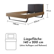 Massivholzbett >YKEKE< Balkenbett, Eiche massiv, Metallkufe, Liegefl. 140x200 - Stellmaß 146 x 97 x 215 cm (B/H/T)