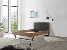 Massivholzbett >YKEKE< Balkenbett, Eiche massiv, Metallkufe, Liegefl. 140x200 - Stellmaß 146 x 97 x 215 cm (B/H/T)