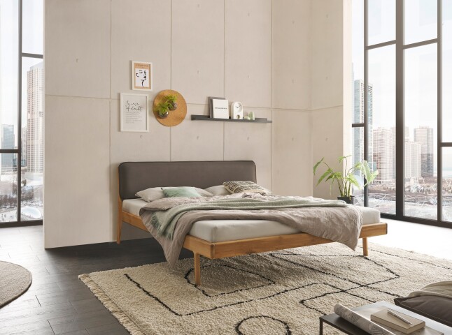 JERIK Modernes Massivholzbett 180x200 - Komfortables & hochwertiges Balkenbett mit gepolstertem Kopfteil - 187 x 89 x 210 cm (B/H/T)
