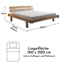Massivholzbett >INGER< Balkenbett, Eiche massiv, Liegefl. 180x200 - Stellmaß 208x83x234 cm (B/H/T)