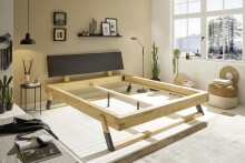 Massivholzbett >LOBIA< Balkenbett, Fichte massiv, Polsterkopfteil, Liegefl. 180x200 - Stellmaß 202 x 90 x 227 cm (B/H/T)