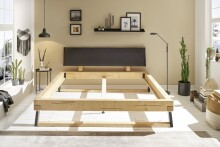 Massivholzbett >LOBIA< Balkenbett, Fichte massiv, Polsterkopfteil, Liegefl. 180x200 - Stellmaß 202 x 90 x 227 cm (B/H/T)