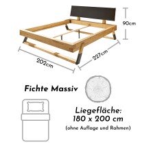Massivholzbett >LOBIA< Balkenbett, Fichte massiv, Polsterkopfteil, Liegefl. 180x200 - Stellmaß 202 x 90 x 227 cm (B/H/T)