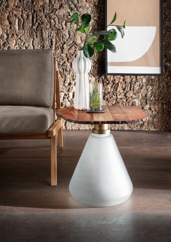 Beistelltisch >1107< in Massivholz Akazie, Gestell Milchglas - 44x46cm (HxD)