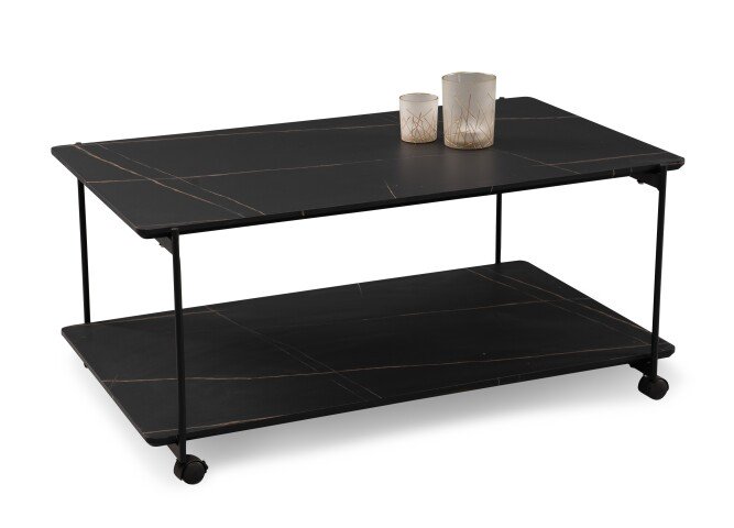 Beistellwagen >Passo< in schwarz / Marmoroptik, Metall / MDF - 100x45x62 (BxHxT)