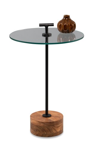 Beistelltisch >Pori< in Schwarz, Akaziefarben, Holz, Metall, Glas - 56x40 (HxD)