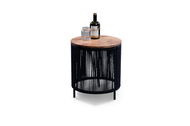Beistelltisch >Simon< in schwarz / Akazie, Metall / Massivholz - 45x40cm (HxD)