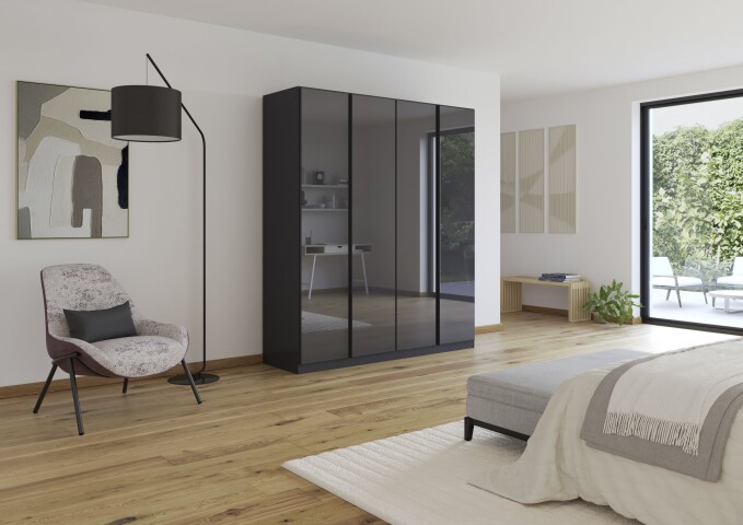 Drehtürenschrank >Modesty< in Glas basalt / grau metallic - 181x210x54 (BxHxT)