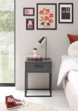 SUNA Nachttisch in Graphit - Moderner Nachtschrank mit Schublade und schwarzem Metallgestell - 40 x 52 x 38,5 cm (B/H/T)