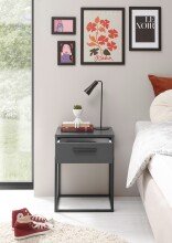 SUNA Nachttisch in Graphit - Moderner Nachtschrank mit Schublade und schwarzem Metallgestell - 40 x 52 x 38,5 cm (B/H/T)