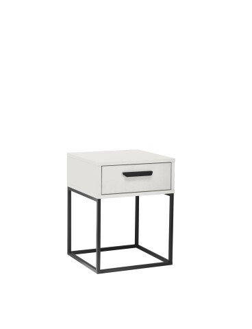 SUNA Nachttisch in Weiß - Moderner Nachtschrank mit Schublade und schwarzem Metallgestell - 40 x 52 x 38,5 cm (B/H/T)