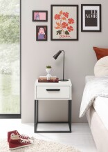 SUNA Nachttisch in Weiß - Moderner Nachtschrank mit Schublade und schwarzem Metallgestell - 40 x 52 x 38,5 cm (B/H/T)