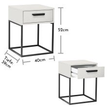 SUNA Nachttisch in Weiß - Moderner Nachtschrank mit Schublade und schwarzem Metallgestell - 40 x 52 x 38,5 cm (B/H/T)