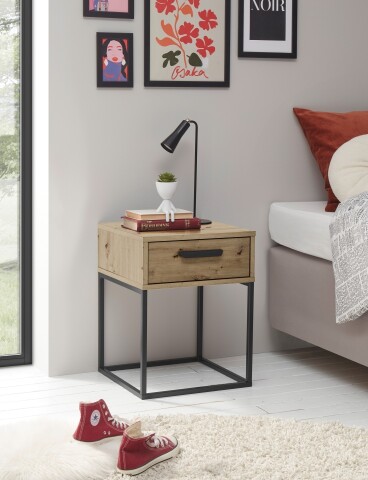 SUNA Nachttisch in Artisan Eiche Optik - Moderner Nachtschrank mit Schublade und schwarzem Metallgestell - 40 x 52 x 38,5 cm (B/H/T)