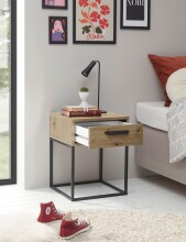 SUNA Nachttisch in Artisan Eiche Optik - Moderner Nachtschrank mit Schublade und schwarzem Metallgestell - 40 x 52 x 38,5 cm (B/H/T)
