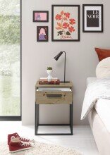 SUNA Nachttisch in Artisan Eiche Optik - Moderner Nachtschrank mit Schublade und schwarzem Metallgestell - 40 x 52 x 38,5 cm (B/H/T)
