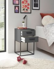 SUNA Nachttisch in Graphit - Moderner Nachtschrank mit Schubladen und schwarzem Metallgestell - 40 x 65 x 38,5 cm (B/H/T)