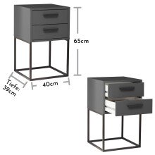 SUNA Nachttisch in Graphit - Moderner Nachtschrank mit Schubladen und schwarzem Metallgestell - 40 x 65 x 38,5 cm (B/H/T)