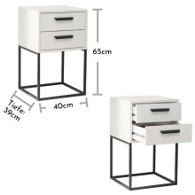 SUNA Nachttisch in Weiß - Moderner Nachtschrank mit Schubladen und schwarzem Metallgestell - 40 x 65 x 38,5 cm (B/H/T)