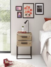 SUNA Nachttisch in Artisan Eiche Optik - Moderner Nachtschrank mit Schubladen und schwarzem Metallgestell - 40 x 65 x 38,5 cm (B/H/T)
