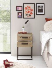 SUNA Nachttisch in Artisan Eiche Optik - Moderner Nachtschrank mit Schubladen und schwarzem Metallgestell - 40 x 65 x 38,5 cm (B/H/T)
