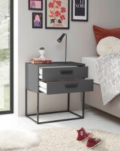 SUNA Nachttisch in Graphit - Moderner Nachtschrank mit Schubladen und schwarzem Metallgestell - 60 x 65 x 38,5 cm (B/H/T)