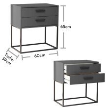 SUNA Nachttisch in Graphit - Moderner Nachtschrank mit Schubladen und schwarzem Metallgestell - 60 x 65 x 38,5 cm (B/H/T)