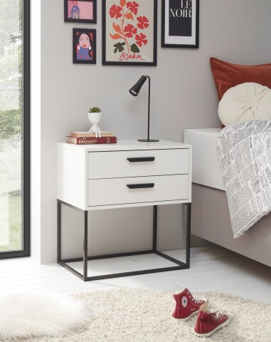 SUNA Nachttisch in Weiß - Moderner Nachtschrank mit Schubladen und schwarzem Metallgestell - 60 x 65 x 38,5 cm (B/H/T)