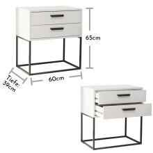 SUNA Nachttisch in Weiß - Moderner Nachtschrank mit Schubladen und schwarzem Metallgestell - 60 x 65 x 38,5 cm (B/H/T)