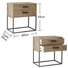 SUNA Nachttisch in Artisan Eiche Optik - Moderner Nachtschrank mit Schubladen und schwarzem Metallgestell - 60 x 65 x 38,5 cm (B/H/T)
