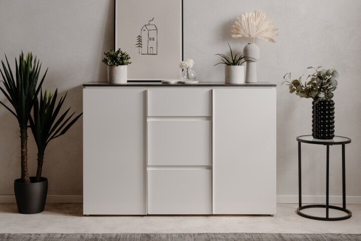 Kommode >Brest< in Matera / weiß HGL - 133x92x40cm (BxHxT)