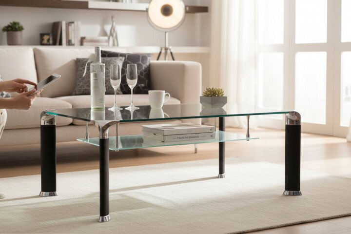 Alberto Couchtisch: Modernes Design aus Sicherheitsglas & Metall, 100x42x60cm, mit 2 Ablagen, Einfach zu montieren, Stilvoll & Praktisch