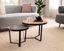 Couchtisch 2er Set Rund Holz / Steinoptik Wohnzimmertisch Satztisch