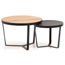 Couchtisch 2er Set Rund Holz / Steinoptik Wohnzimmertisch...