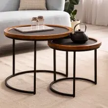 Couchtisch 2er Set Rund Holz / Steinoptik Wohnzimmertisch...