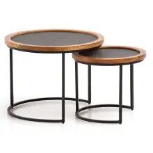 Couchtisch 2er Set Rund Holz / Steinoptik Wohnzimmertisch...