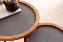 Couchtisch 2er Set Rund Holz / Steinoptik Wohnzimmertisch Satztisch