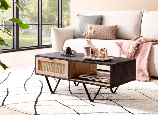 Couchtisch Sofatisch Massivholz Rattan 90x45x37cm Wohnzimmertisch Tisch