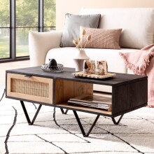 Couchtisch Sofatisch Massivholz Rattan 90x45x37cm Wohnzimmertisch Tisch