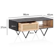 Couchtisch Sofatisch Massivholz Rattan 90x45x37cm Wohnzimmertisch Tisch