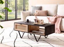 Couchtisch Sofatisch Massivholz Rattan 90x45x37cm...