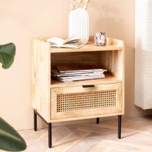 Nachttisch Nachtkommode Boxspringbett Holz Rattan 50x60x40 cm Braun