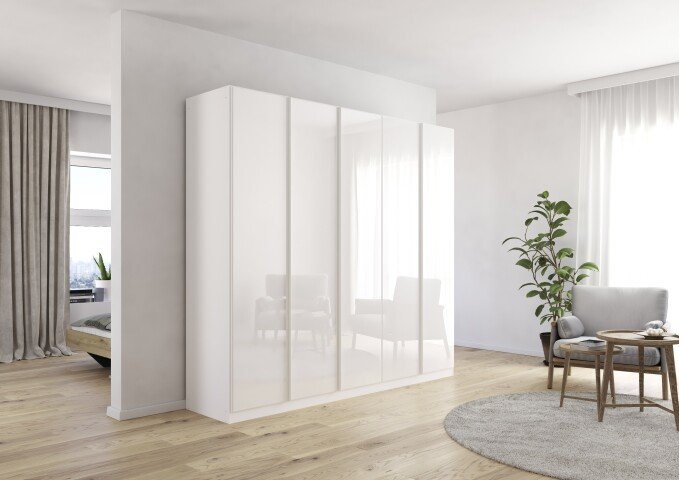 Drehtürenschrank >Modesty < in Kristallweißglas / alpinweiß - 226x210x54 (BxHxT)