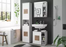 GREECE Badezimmer Waschbeckenunterschrank in Weiß mit Hirnholz-Applikationen - Bad Unterschrank Badezimmerschrank mit viel Stauraum - 60 x 60 x 35 cm (B/H/T)