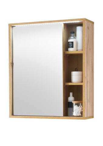 GREECE Spiegelschrank Bad mit LED-Beleuchtung in Wotan Eiche Optik - Badezimmerspiegel Schrank mit viel Stauraum - 60 x 70 x 20 cm (B/H/T)